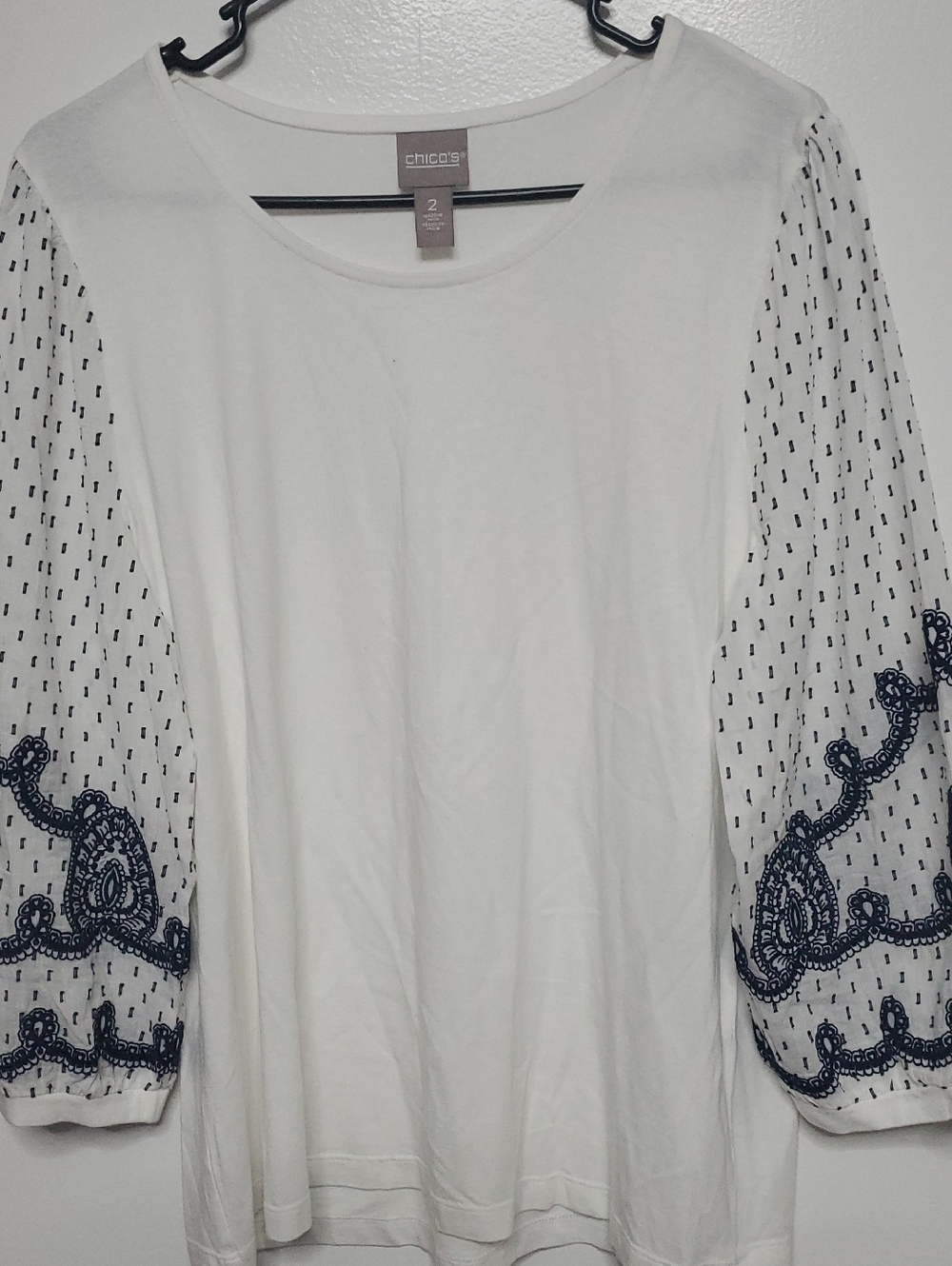 Chico's White Scoop Neck Top with Navy Embroidered Sheer Sleeves